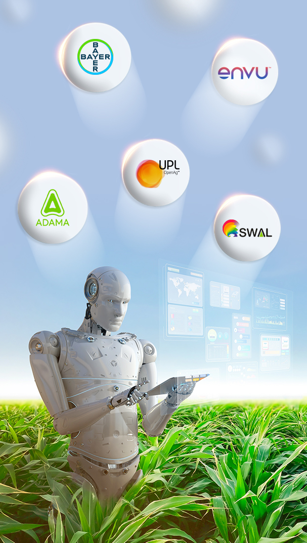 Agriculture advertising agency Greysell presents a futuristic vision with Bayer, Envu, UPL, Adama, and SwAL represented in a field with a robot, highlighting technology's role in modern agriculture.