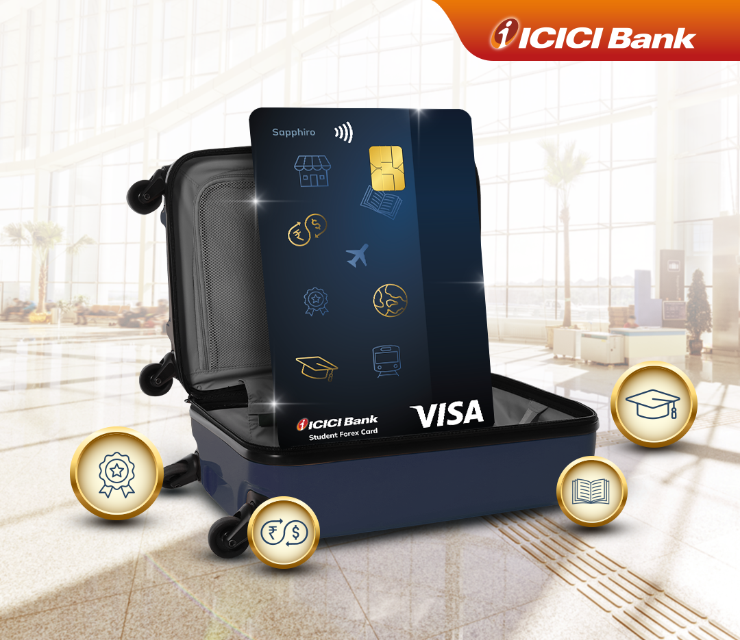ICICI Bank Student Sapphiro Forex Card displayed in an open suitcase, showcasing its travel benefits with related icons. Created by Greysell